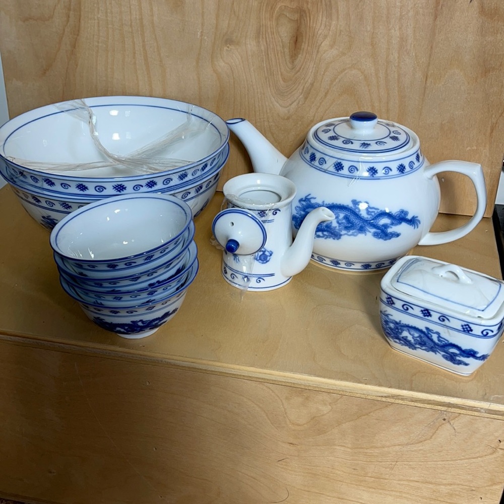 Blue and white oriental tea set.